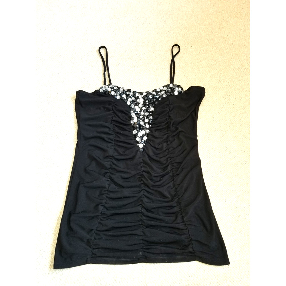 VINTAGE Y2K Womens Top-TABOO-black stretch beaded ruched whimsigoth grunge-XL